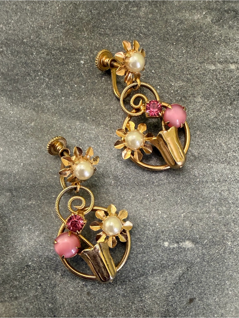 Vintage Estate Pink Flower Pot Lucite Crystal Gold Dangly Earrings